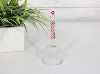 Vintage Hand Blown Art Glass Bell 6 Tall  Clear W/ Red Swirl Handle