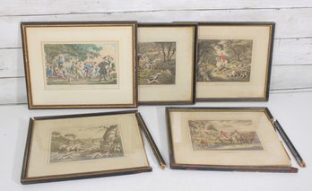 Lot Of 6 Vintage English Hunting Scene Prints  Fox Hunt & Country Life  Hand Colored  Reframe Needed
