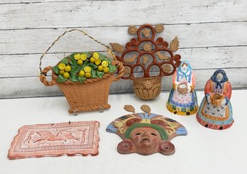 Vintage Folk Art & Terra Cotta Decor Lot  Wall Plaques, Mask, Basket & Hand-Painted Figures