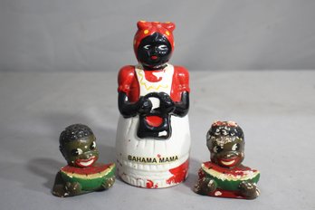 Bahama Mama Porcelain Bank & Two Black Americana Boy & Girl Shakers