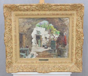Signed Vintage Genre Scene Oil Painting On Canvas  Ornate Gilt Frame  24.5 X 28
