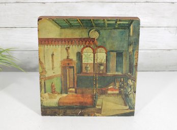 Vintage Italian Renaissance Interior Scene Print On Wood Panel  Decorative Wall Plaque  10' X 9.5'