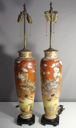 Pair Of Antique Hand-Painted Japanese Satsuma Table Lamps  Ornate Detailing