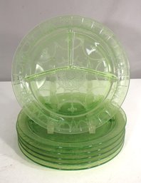Vintage Green Depression Glass Divided Plates  Set Of 6 (10 Round)
