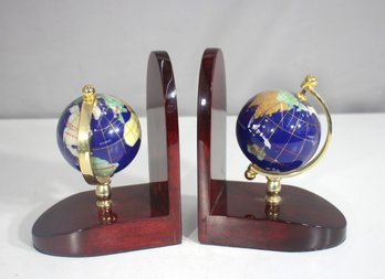 Pair Of Globe Bookends  Inlaid Lapis-Style Globes On Mahogany Wood  7H