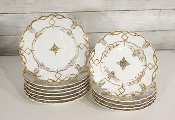 Antique Hand-Painted Porcelain Dessert & Salad Plates  Gold Gilt Lattice Edge  8 & 7.5 Set