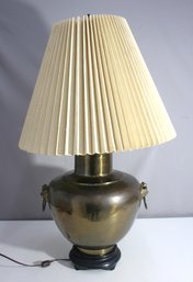 'Vintage 36'' Brass Table Lamp With Pleated Shade And Lion Head Handles'