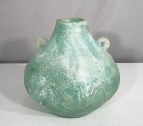 Antique-Style 10' Handblown Frosted Green Glass Vase With Decorative Handles
