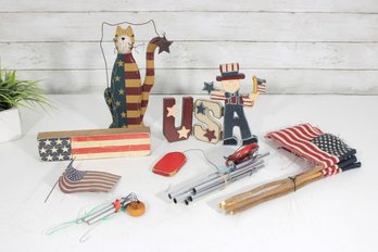 Patriotic Decor Lot USA July 4th Americana Wood Signs Flags Wind Chimes