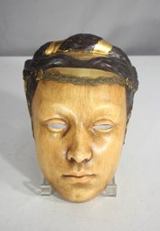 Antique Hand-Carved Wooden Mask  Gilded Accents & Regal Detailing  9H