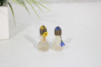 Pair Of Vintage Czech Irice Perfume Bottles  Filigree Jewel Tops W/ Dangling Charms