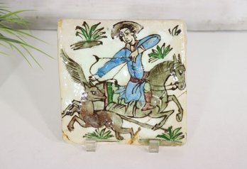 Antique 7' Hand-Painted Persian Qajar Tile  Equestrian Hunter Scene  19th Century Islamic Pottery