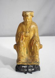 Antique Chinese Gilded Wooden Figurine  Seated Scholar Or Deity  10H