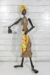 Vintage Handcrafted Folk Art African Woman Sculpture  Mixed Media Wood & Fabric Figure  32' Tall