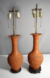 Pair Of Terracotta Chinese Style Vases Converted Into Table Lamps  Repaired Damage