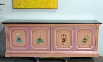Vintage Mastercraft Furniture Co.Pink Painted Sideboard With Floral Panels And Marble Top