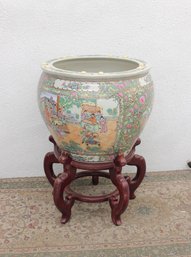 Large Chinese Famille Rose Fish Bowl Jardiniere W/ Carved Wood Stand Hand Painted