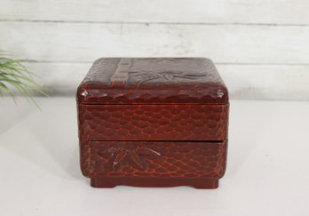 Vintage Japanese Lacquerware Bento Box  Carved Bamboo Motif  5.5H X 7.5W X 7.5D