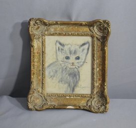 Vintage Oil On Canvas -the Kitten Edith Loved- In Wonderful Scruffy Frame, Signed LR