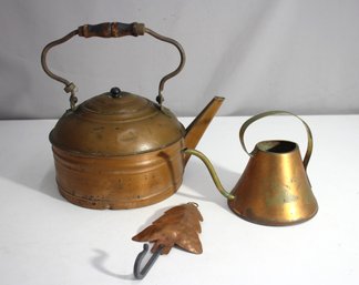 'Vintage Copper Kettle, Watering Can, And Christmas Tree Ornament Set'