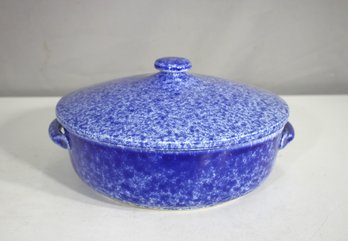Vintage Blue Spongeware Covered Casserole Dish  9.5 Round