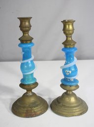 Antique Brass & Blue Glass Candlesticks  10H  Hand-Blown Swirl Design