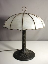 Vintage Stained Glass And Cast Metal Tree Trunk Table Lamp