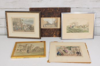 Group Lot Antique & Vintage Framed Prints And Engravings  Hand Colored Genre & City Scenes (5 Pieces)
