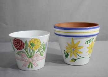 Two Floral Decorated Glazed Earthenware Planters/Pots