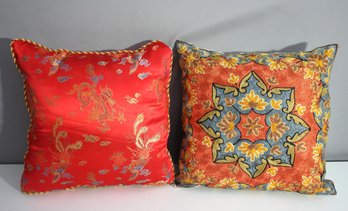 'Set Of 2 Decorative Throw Pillows - Oriental Dragon Motif And Embroidered Floral Design'