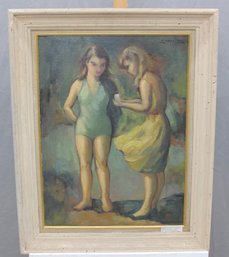 Signed E.Morehouse (Edith) 1899-1979-Figurative Oil On Artist Board  Two Girls  Framed  29.5 X 23.5