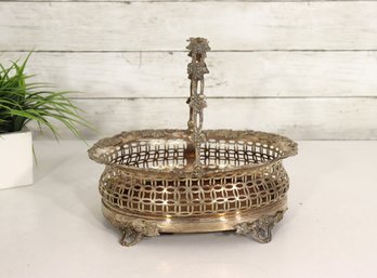 Antique Silverplate Reticulated Basket With Handle  Ornate Floral Feet & Wood Base  10 X 8.5