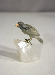 Hand-Carved Stone Bird Figurine On Clear Quartz Crystal Base  3H