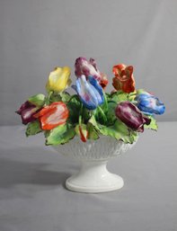 Vintage Colorful Porcelain Tulip Arrangement In Woven Pedestal Pot