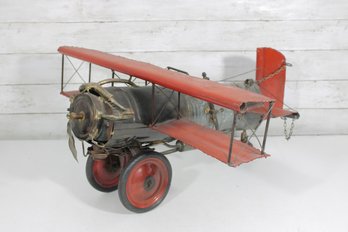 Large Vintage Tin Biplane Model Airplane On Wheels  Folk Art / Industrial Style  25' Wingspan