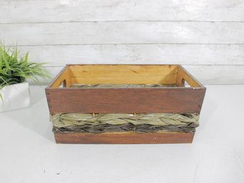 Rustic Wooden Storage Crate Basket W/ Woven Band Handles Farmhouse 13.5