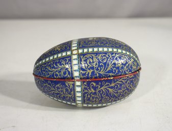 Vintage Decorative Enameled Tin Egg Box  4 Long  Intricate Blue & Gold Design