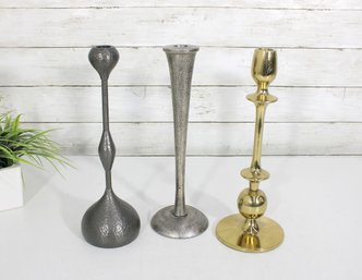 Vintage Candlestick Holders Set Of 3 Mixed Metal Brass Pewter Style 12'