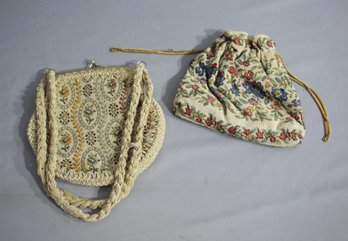 Two Vintage Needlepoint Clutch/Purses -  Floral Made In Italy Handbag & Handmade Beggar's Purse Satchel
