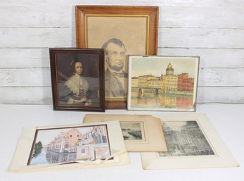 Group Lot Vintage Framed Prints & Artwork  Portraits, Architectural Views & Etchings (6 Pieces)