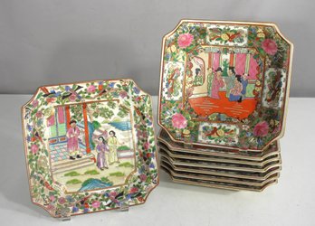 Set Of 7 Antique Chinese Rose Medallion Porcelain Plates  8 X 8  Hand-Painted