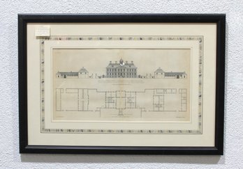 Framed Antique Architectural Engraving  Building Elevation & Floor Plan  21.5 X 30.5