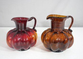 Pair Of Vintage Blown Glass Pumpkin-Shaped Pitchers  6 & 6.5  Amber & Ruby Red