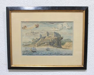 Framed Antique Lithograph 'Donottar Castle'  Coastal Scene  20.5 X 27