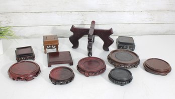 Asian Carved Wood Display Stands Group Lot Rosewood Pedestals Assorted Sizes