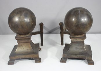 Large Antique Cast Iron Ball Andirons - 14'H X 25'L