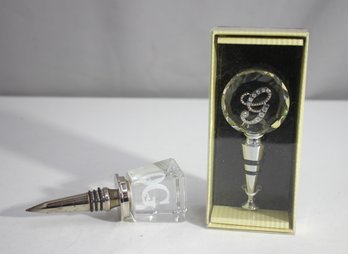 'Set Of 2 Elegant Monogrammed Wine Stoppers - Crystal And Metal Design'