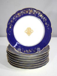 Set Of 8 Antique Cobalt Blue & Gold Gilded Porcelain Plates  8.5 Round  Some Chips