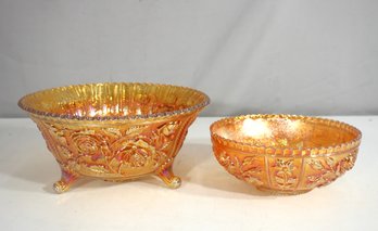 Set Of 2 Vintage Marigold Carnival Glass Bowls  3 X 8 & 5 X 10  Embossed Roses