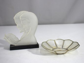 Lot Of Two Decorative Pieces  Frosted Plastic Sculpture And Capiz Shell Bowl